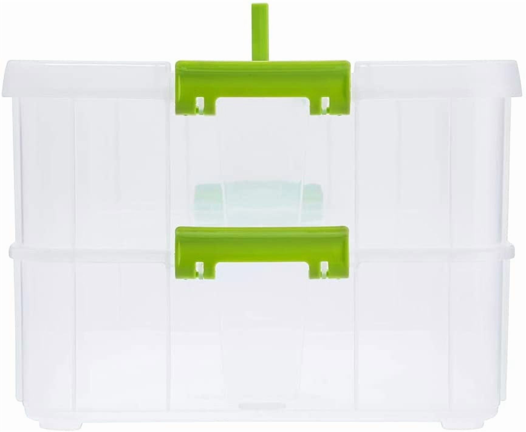 2 Layer Stack & Carry Box, Plastic Multipurpose Portable Storage Container Box Handled Organizer Storage Box for Organizing Stationery, Sewing, Art Craft, Jewelry and Beauty Supplies Green