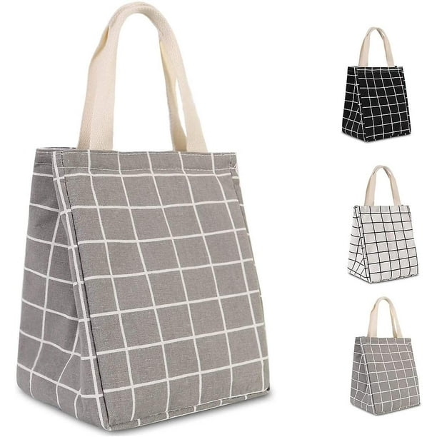 Bolsa de almuerzo reutilizable, caja de almuerzo aislante, tela de lona con papel de aluminio, bolso de mano para almuerzo para mujeres, hombres, escuela, oficina-gris a cuadros Feliz Sencillez