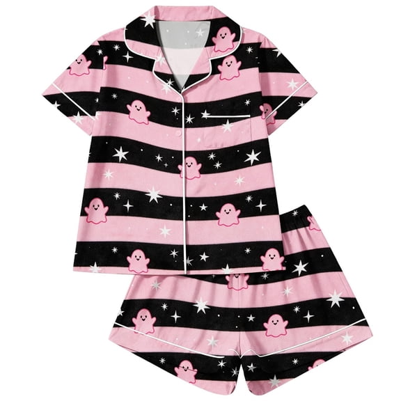 Cute Pajamas Soft Printed Short‑sleeve Button‑top And Shorts Nightwear Lounge Sets for Women L Pink