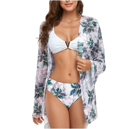 DTBPRQ Women s Plus Size Swimsuit 3 Piece Swimsuit Floral Print Halter Bikini Set with Kimono Cover Up Beach Swimwear Bathing Wear