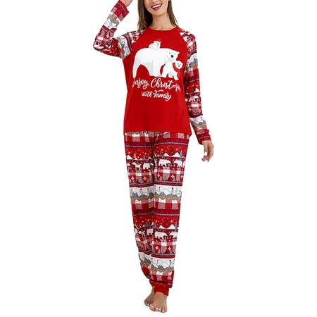 

Genuiskids Christmas Family Matching Pajamas Adult Kids Christmas Bear Print Long Sleeve Tops Stretch Casual Pants Sleepwear