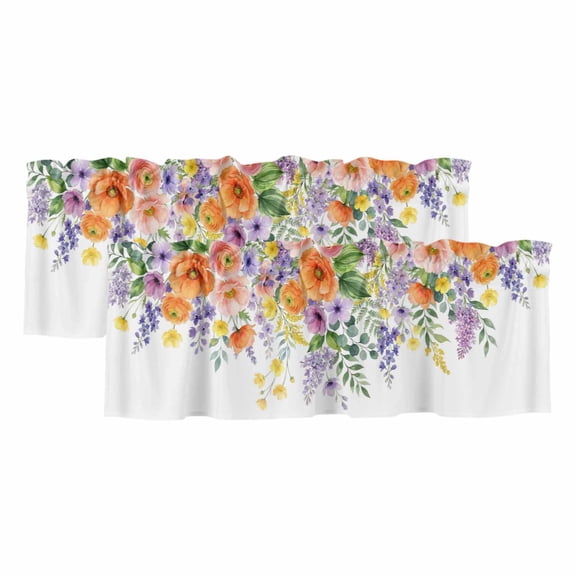 2 Pack Valances for Window, Pink Orange Flowers Short Curtains for Kitchen Bedroom Living Room, Spring Floral Farmhouse Botanical Rod Pocket Small Window Treatment Valance Drapes 42 x 18 Inch