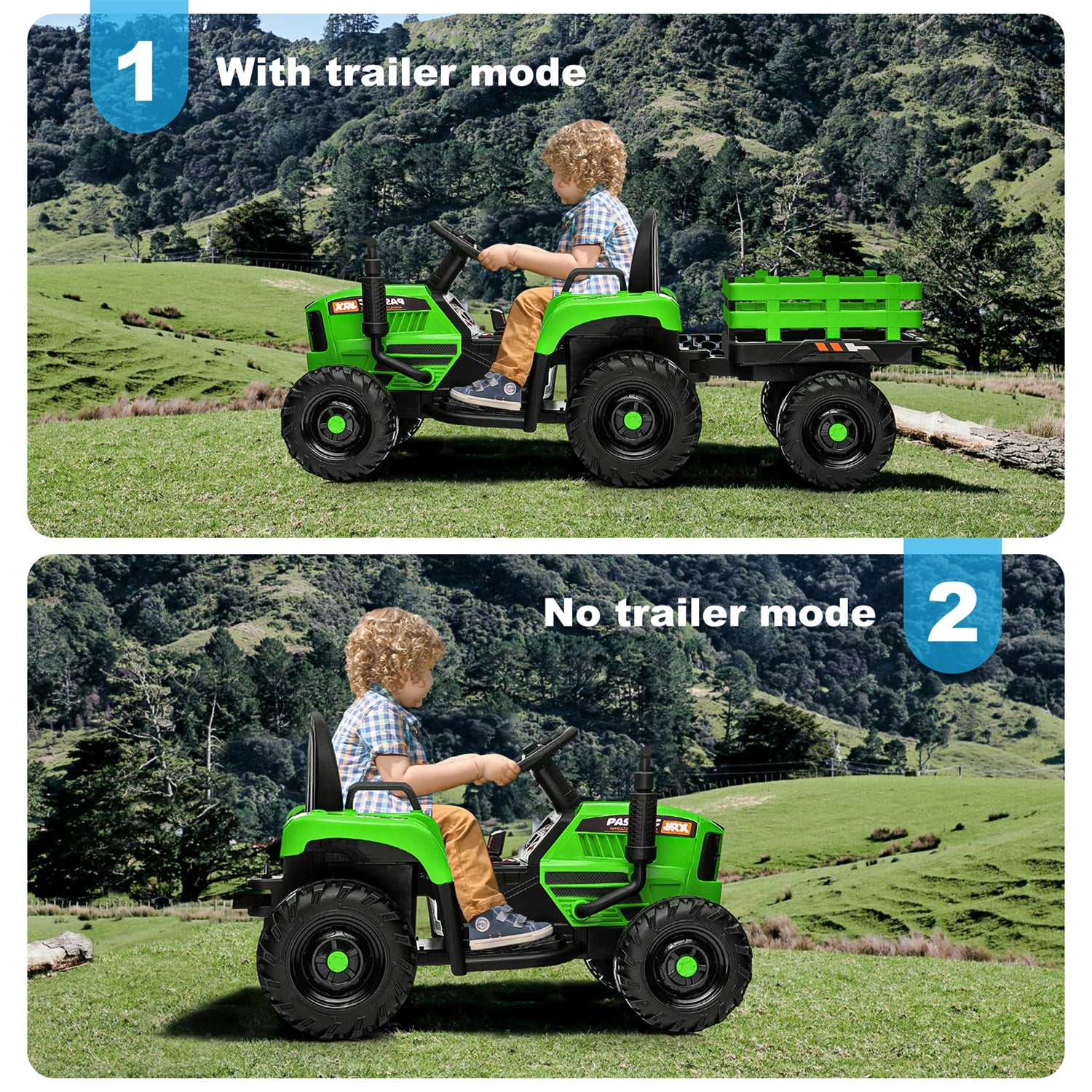 CIPACHO 12V Ride On Tractor with Trailer, 2.4RC, Electric Kids Car Three Speed Adjustable, USB, MP3, Power Display, Green