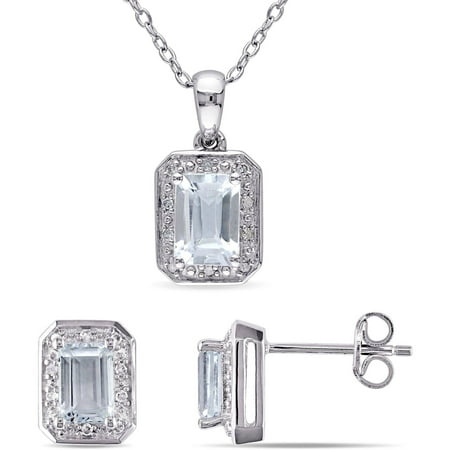 Tangelo 2-1/10 Carat T.G.W. Aquamarine and 1/8 Carat T.W. Diamond Sterling Silver Halo Pendant and Stud Earrings Set, 18