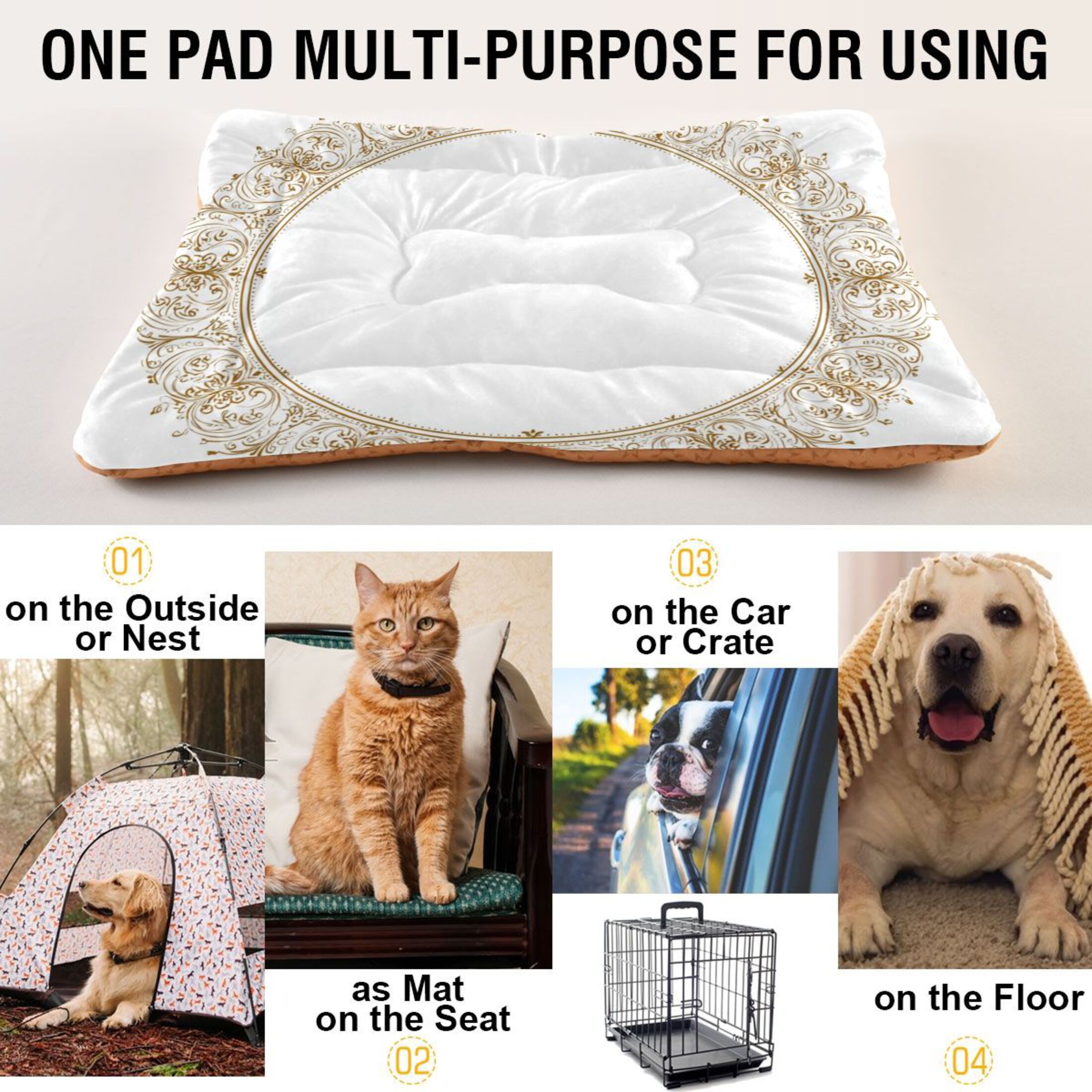 Cozy Mat Pet Bed Indoor Outdoor Warm Soft For Cat Dog Puppy(S/M) Gold Intricate Design
