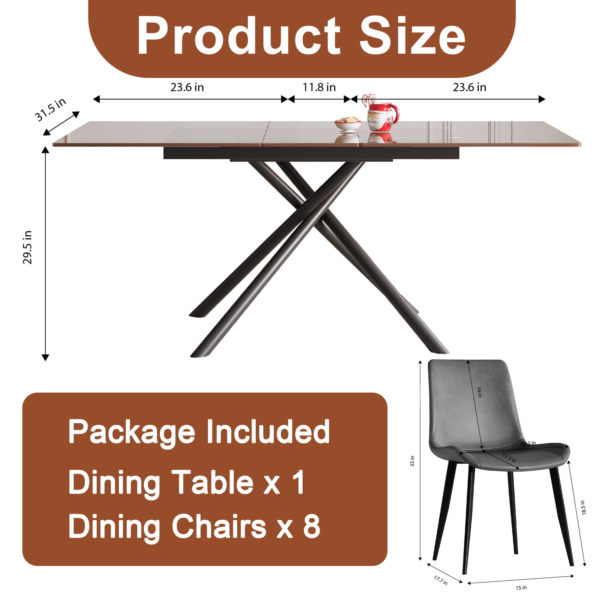 Montary 59-inch Expandable Dining Table Set with 8 Gray Ergonomic Chairs, Black Sandblasted Glass Top & X-Base, 4-8 Seater Modern Dining Set for Small Spaces, Kitchen and Apartment