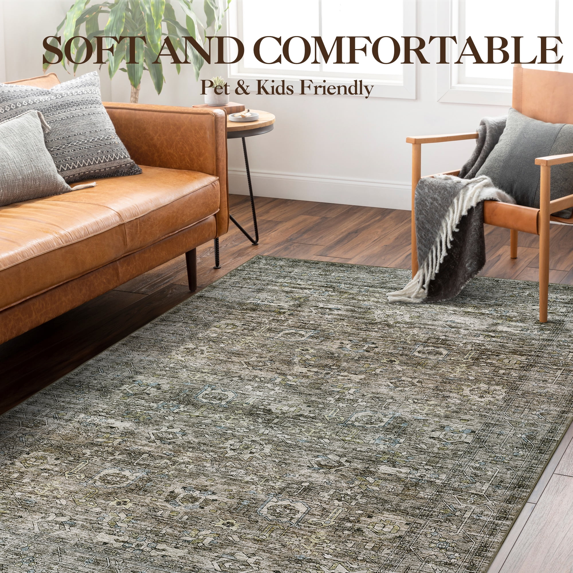FairOnly 5'x7'Green Machine Washable Area Rugs for Living Room Vintage Stain-Resistant Rugs for Kitchen Dining Room Ultra-Thin Rugs