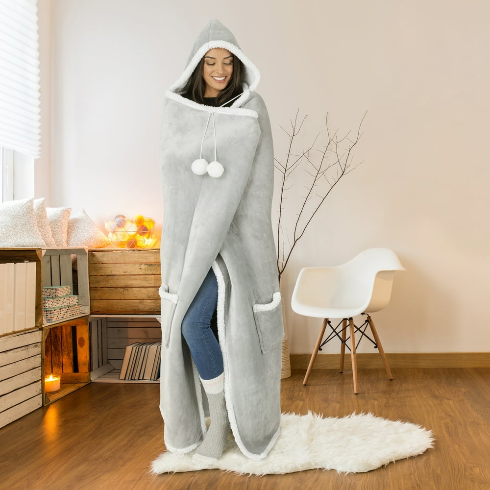 Wearable Hooded Throw Blanket, 52" x 72", Solid Gray Flannel Walmart