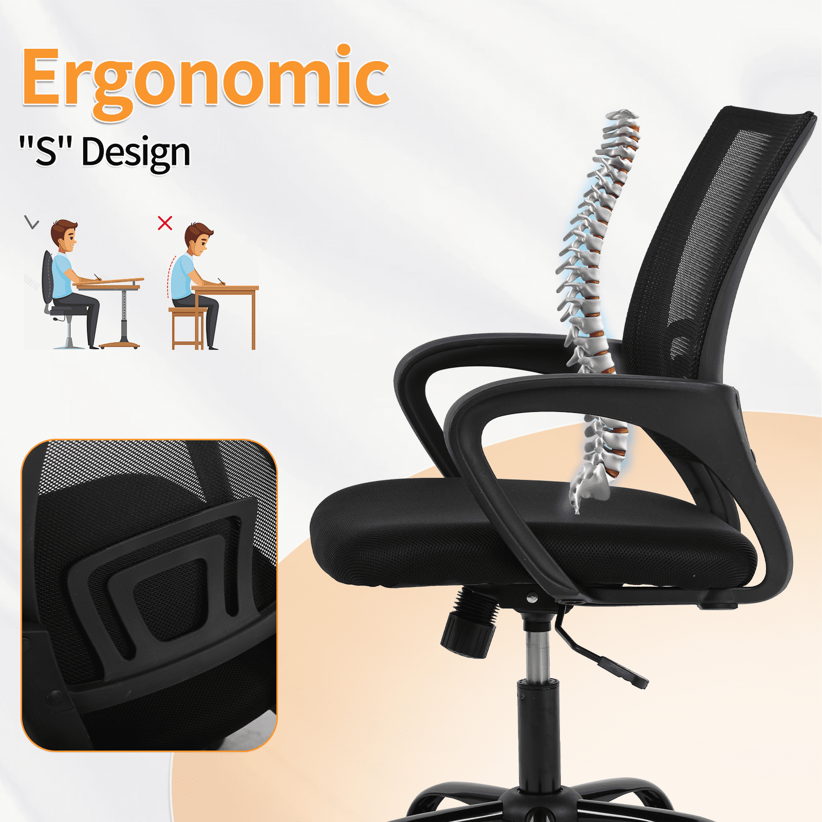 Mid Back Desk Chair Mesh Office Chair Task Rolling Swivel Chair Computer Chair with 360° Casters & Armrest, Black