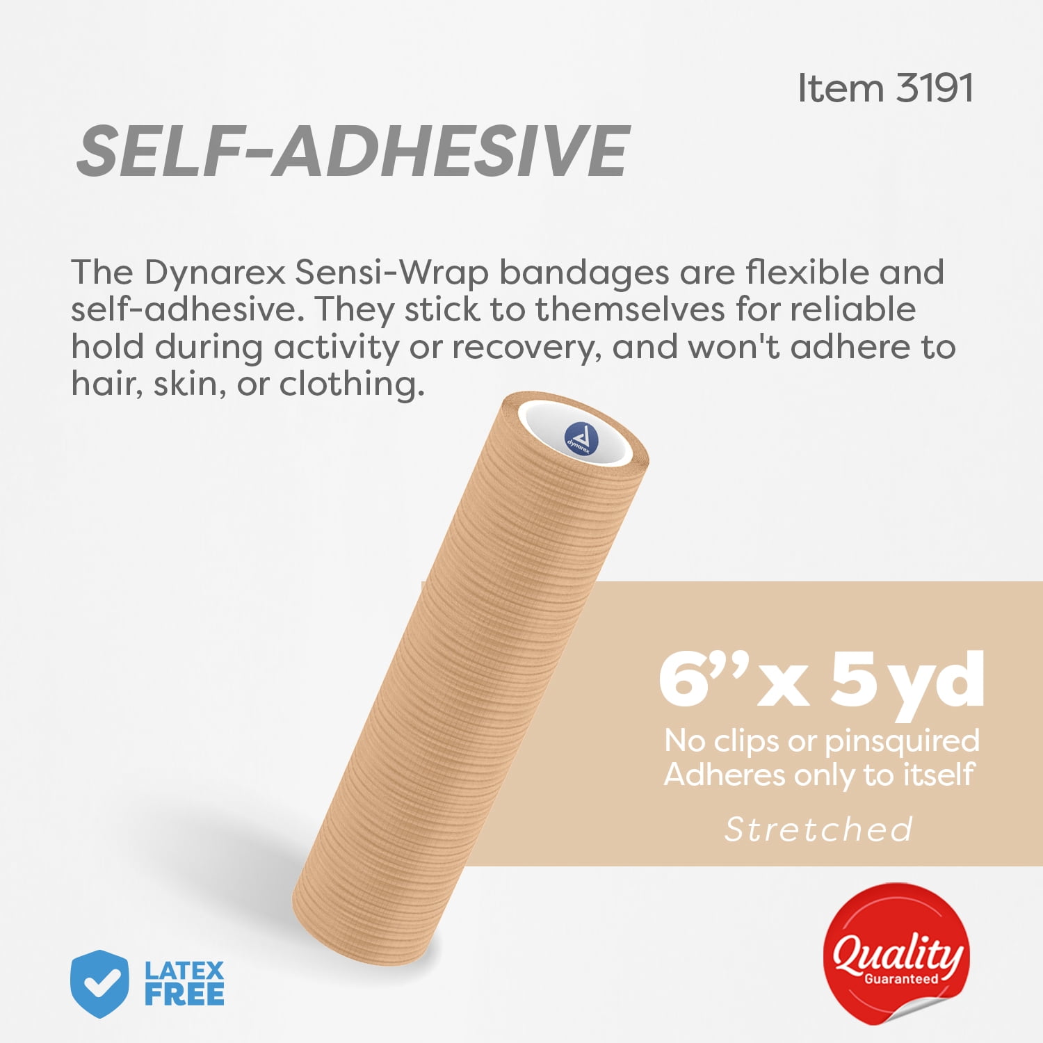 Dynarex Sensi-Wrap Self-Adhesive Bandages, 12-Pack, 6" x 5 yards, Tan, Latex-Free, Colored Elastic Cohesive Athletic Tape, Tattoo Grip & Vet Wrap