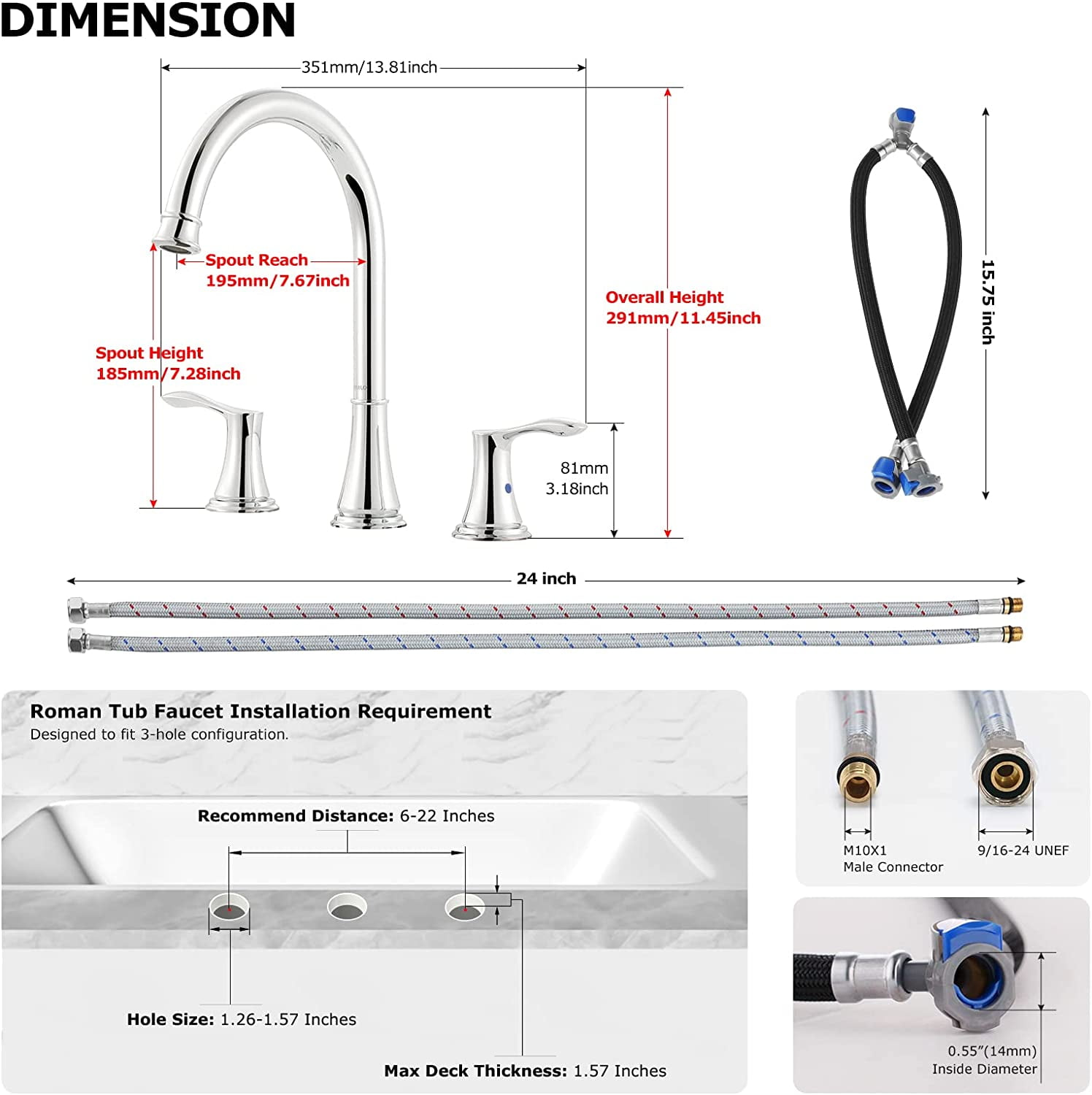PARLOS High Arc 2-Handle Widespread Roman Tub Faucet with Valve & Faucet Supply Lines, Chrome