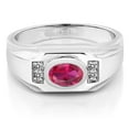 thumbnail image 2 of Gem Stone King Men's 925 Sterling Silver Red Created Ruby and White Diamond Ring (1.68 Cttw, Gemstone July Birthstone, Oval 8X6MM,, Size 11), 2 of 3