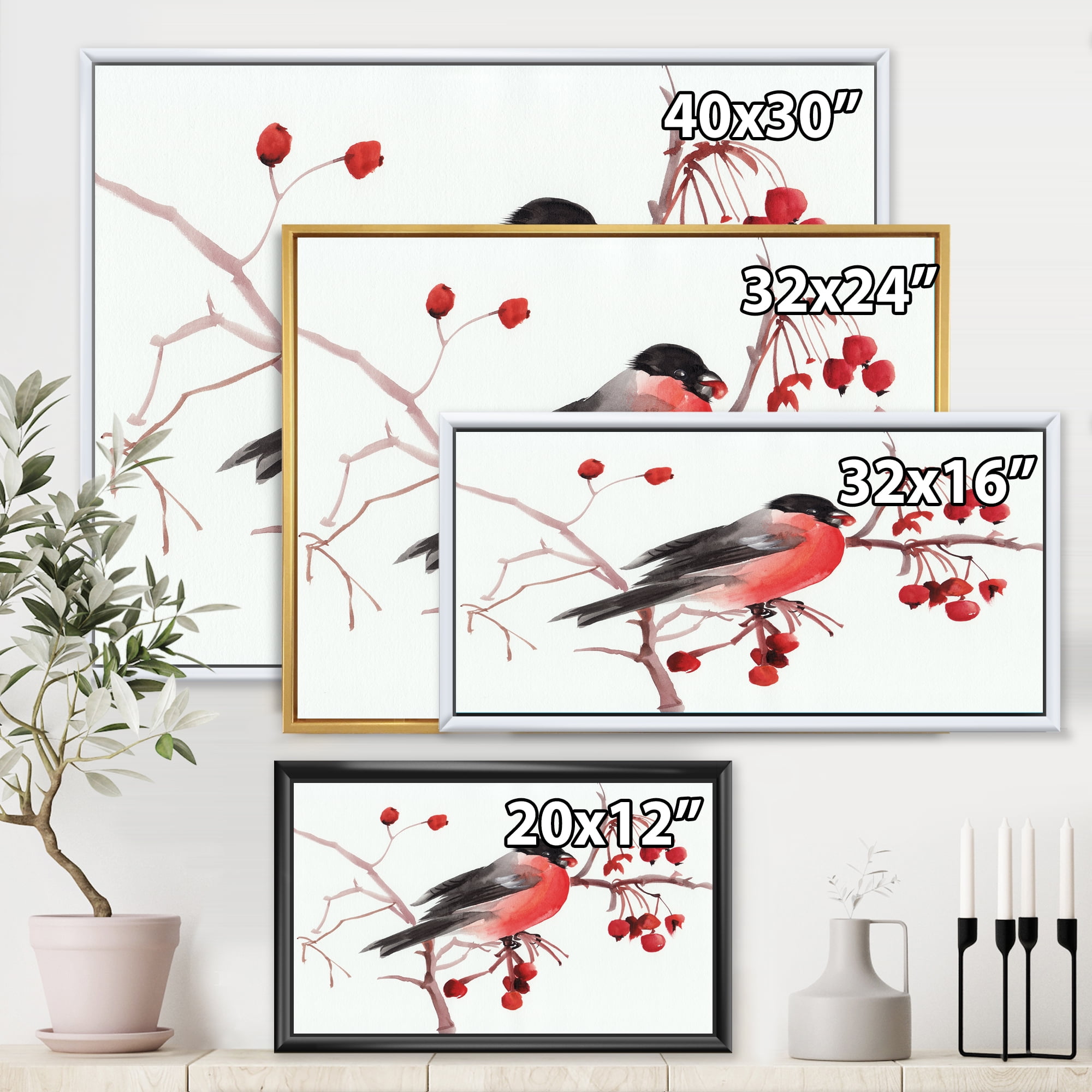 Designart 'Bullfinch Bird Sitting On A Branch' Traditional Framed Canvas Wall Art Print
