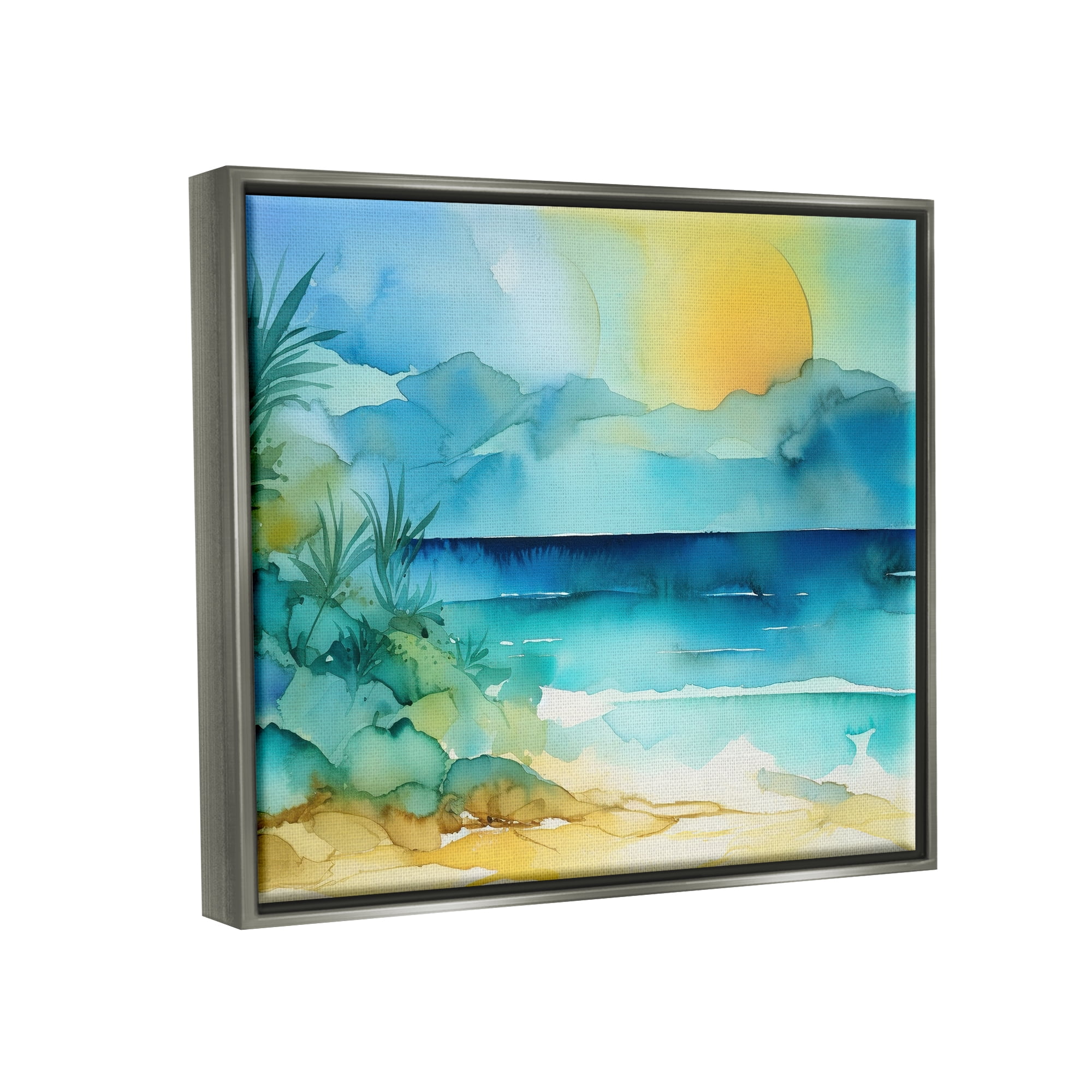 Stupell Industries Abstract Sun on Beach Landscape Painting Gray Floater Framed Canvas Art Print Wall Art, 21 x 17