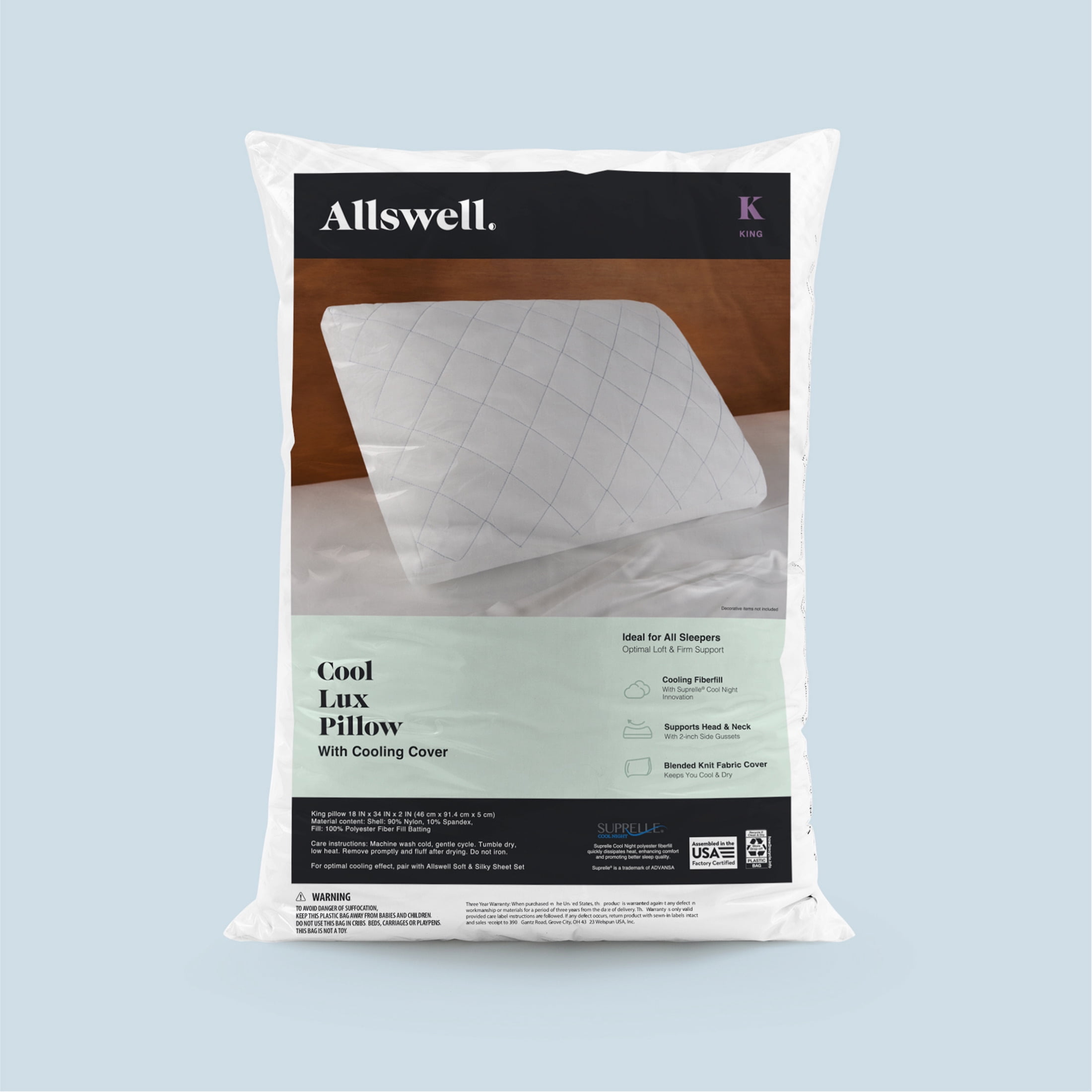Allswell Cool Lux Cooling Bed Pillow with Cooling Cover, King Size Pillow for Sleeping