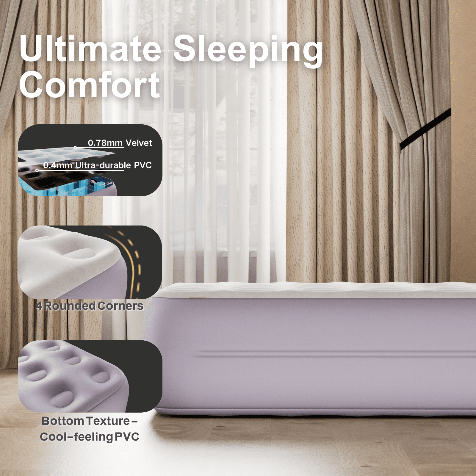Luxury Queen Air Mattress with Built-In Battery Pump,Heavy-Duty Waterproof Veltex Surface for Indoor/Outdoor Use,Portable Inflatable Camping Bed & Guest Bed(Lavender Purple)