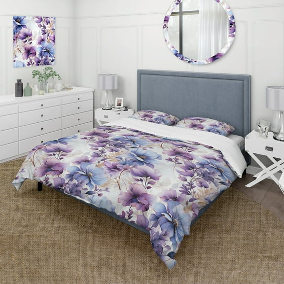 Designart "Wonderland Floral Fantasy" Purple Floral Bedding Covert Set - Cottage Bed Set With 2 Shams