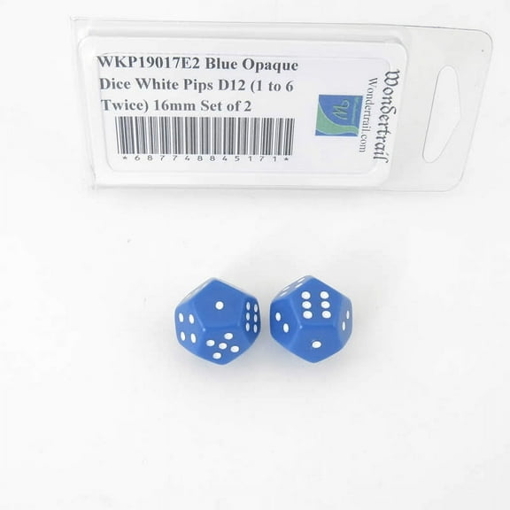 Blue Opaque Dice with White Pips D12 (1 to 6 Twice) 16mm (5/8in) Set of 2 Wondertrail
