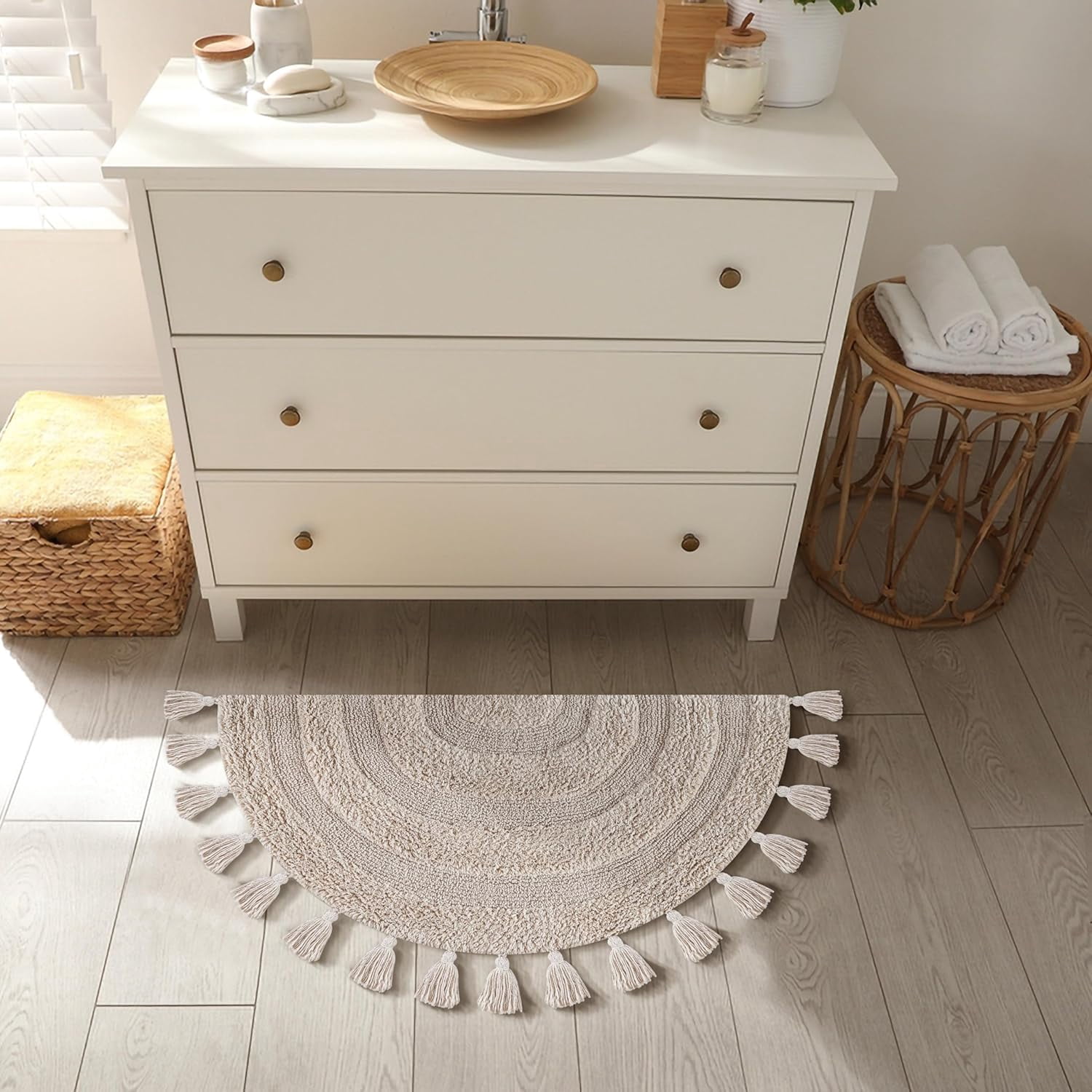 Savi Home Cotton Half Circle Bath Mat with Anti-Skid Backing, Beige, 22" x 36"