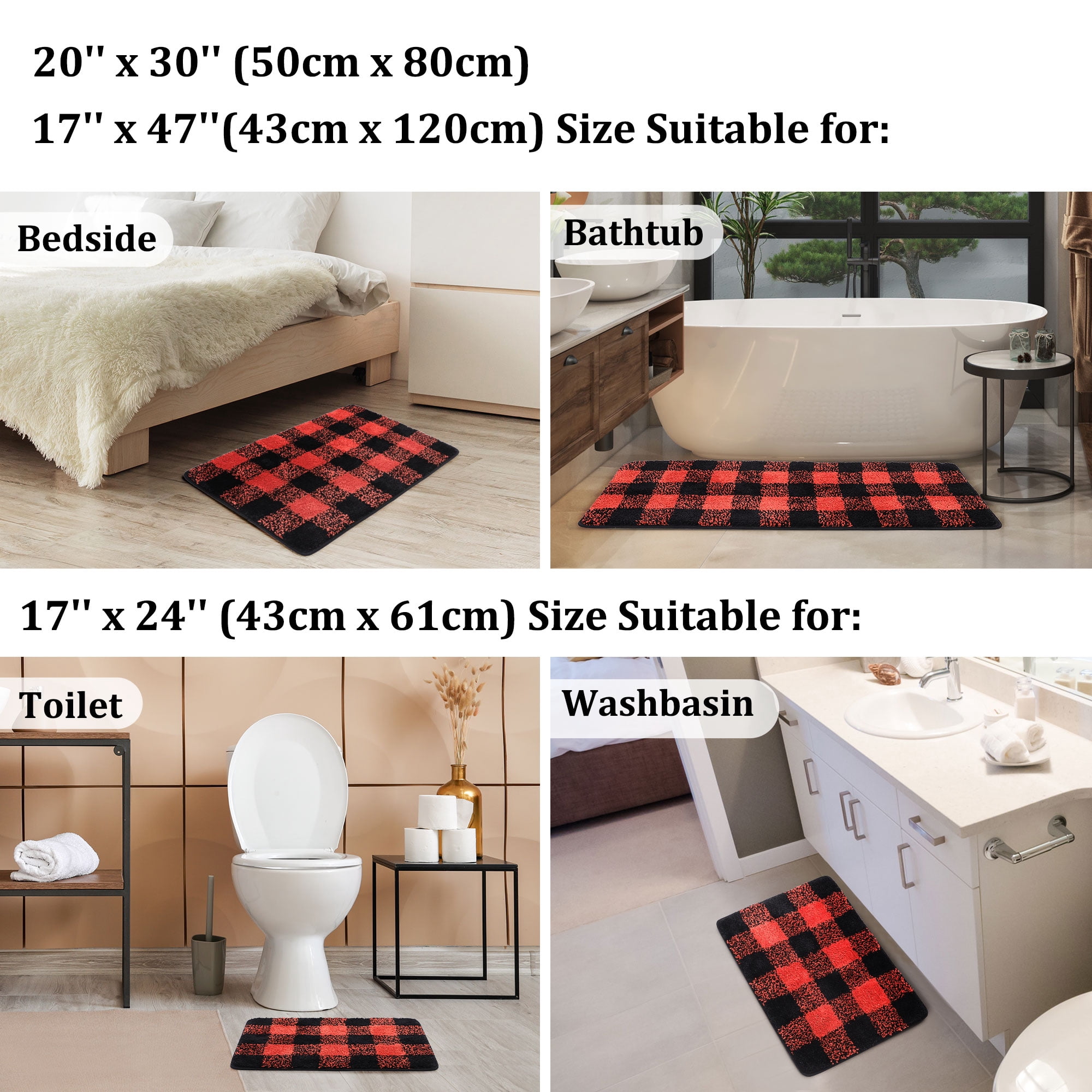 Unique Bargains Soft Microfiber Plaid Bathroom Rugs Black & Red 20"x30"