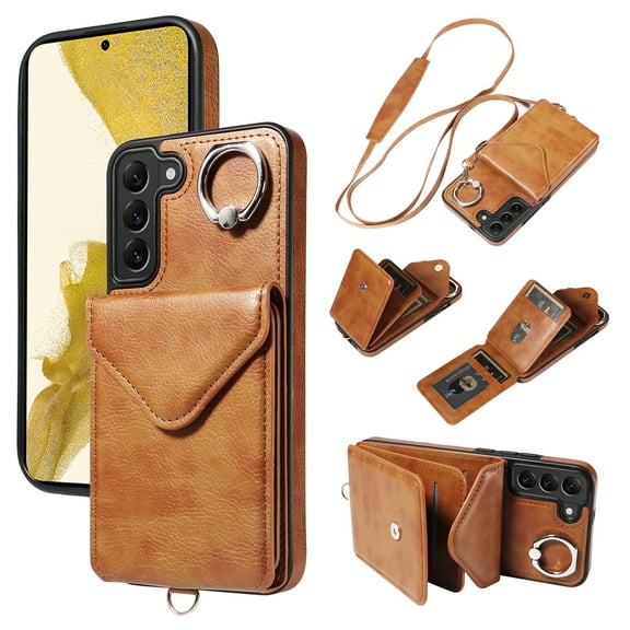 for Samsung Galaxy S22 PU Leather Back TPU Frame Rugged Case, Classic 360 Rotating Ring Kickstand Card Slots Shoulder Strap Drop Protective Slim Fit Shockproof Phone Case Cover, Brown