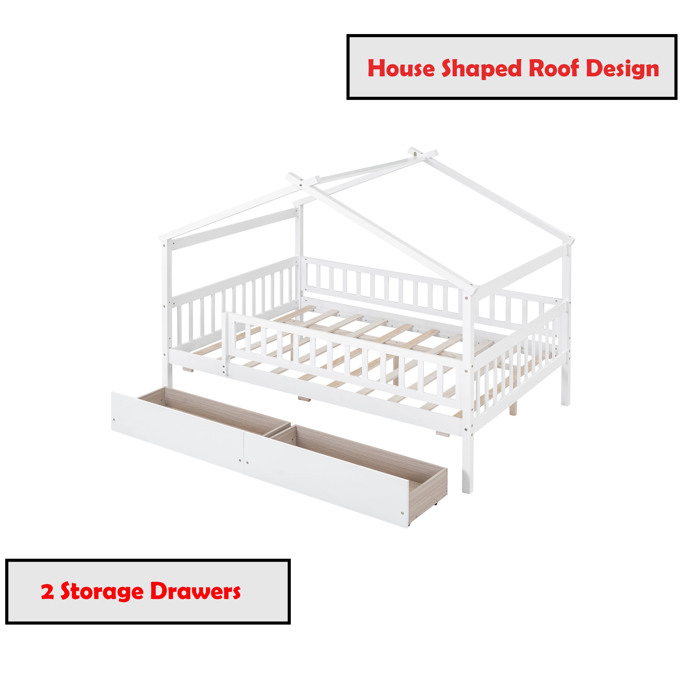 Bellemave Full Size House Bed with Storage Drawers Playhouse Platform Bed Wooden House-shaped Bed Frame with Fence Guardrail and Roof (Full size, White)