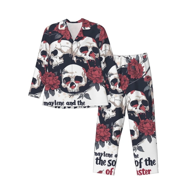 Fotbe Gothic Skulls And Roses Pijama de Hombre con Estampado de Manga Larga, Conjunto de 2 Piezas, Ropa de Dormir Suave y Cómoda con Bolsillos-Small