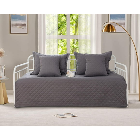 Feyocn 5-Piece Daybed Cover Set Gray Twin Cozy Daybed Bedding Sets for All Season Double Sided-Quilting Daybed Comforter Bedspread Geometric Print Day Bed Cover Twin Bed with 4 Pillow Shams 39""x75""