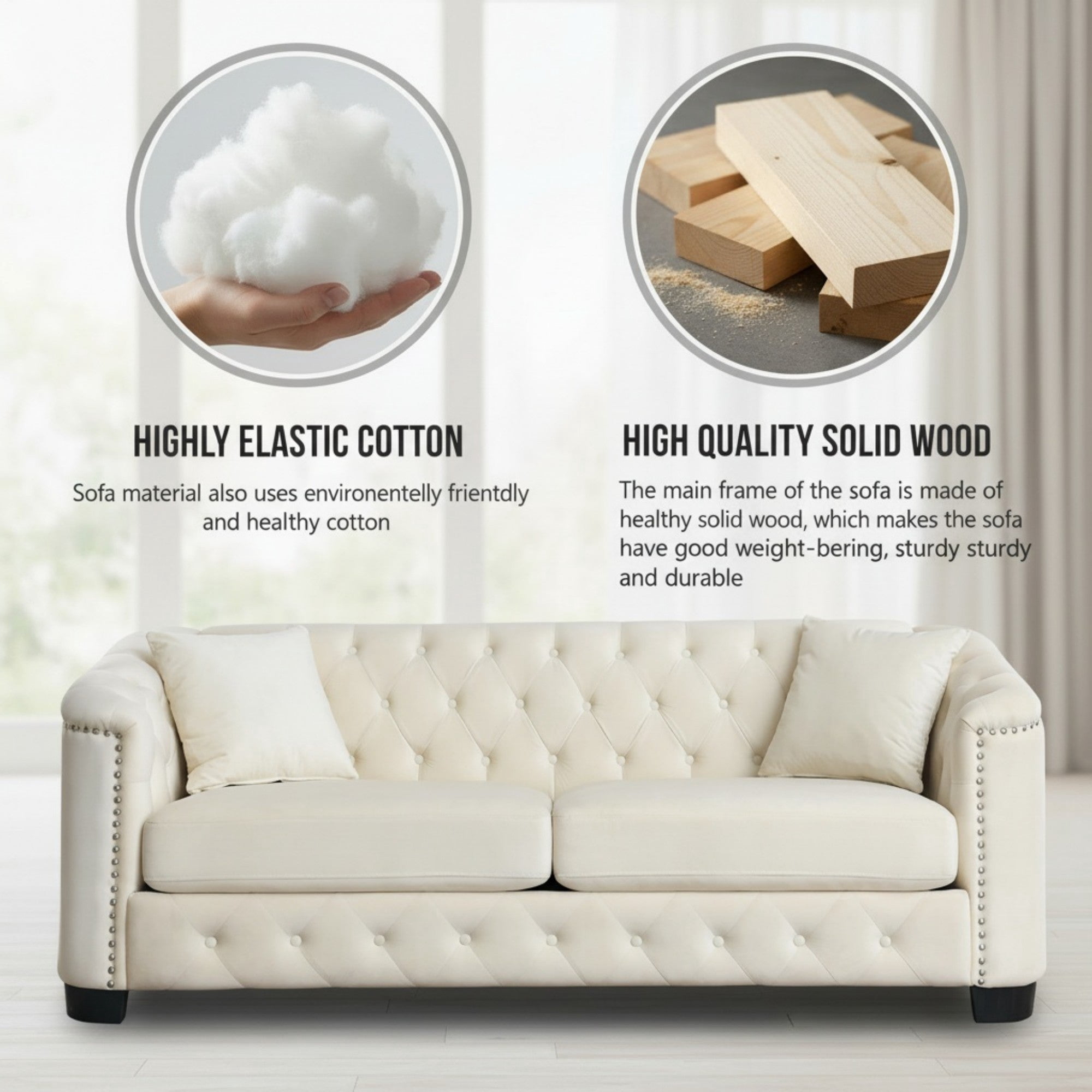 Sailvan 77" Modern Chesterfield Velvet Sofa, 3-Seater Tufted Upholstered Couch with Nailhead Trim & 2 Pillows for Living Room, Office Beige