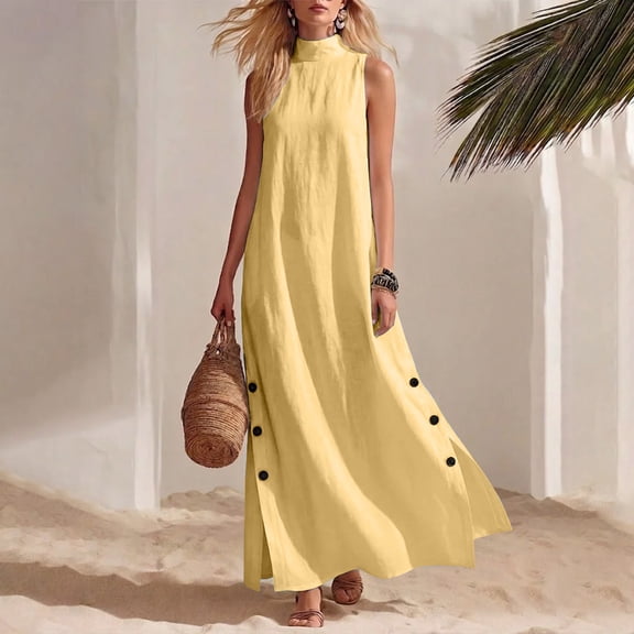 Women's Maxi Dresses High Neck Sleeveless Linen Blend Dresses Casual Daily Style Lightweight Breathable Button Slit Loose Fit Dresses