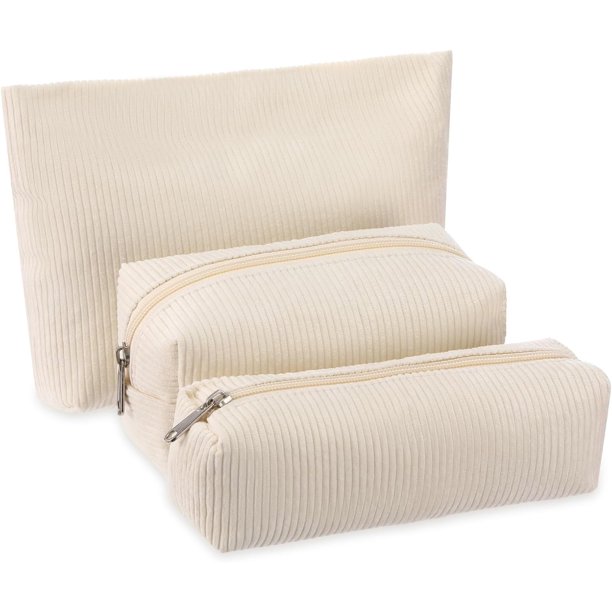 3PCS Bolsa de Cosméticos de Pana, Neceser Mujer, Bolsa de Almacenamiento Portátil, Saco Cosmética de Viaje Mujeres, Neceser de Maquillaje con Cremallera, Travel Toiletry Bag para Viajar, Blanco
