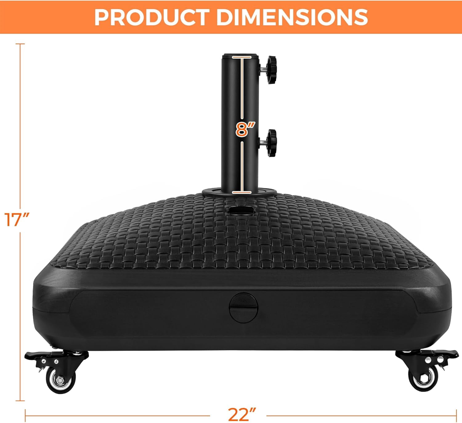MONGJI 123lb Capacity Fillable Mobile Patio Umbrella Base, Windproof Heavy Duty Market Stand with 4 Wheels, 4 Locks 2 Knobs for Deck, Poolside, Garden,Black-Faux Rattan