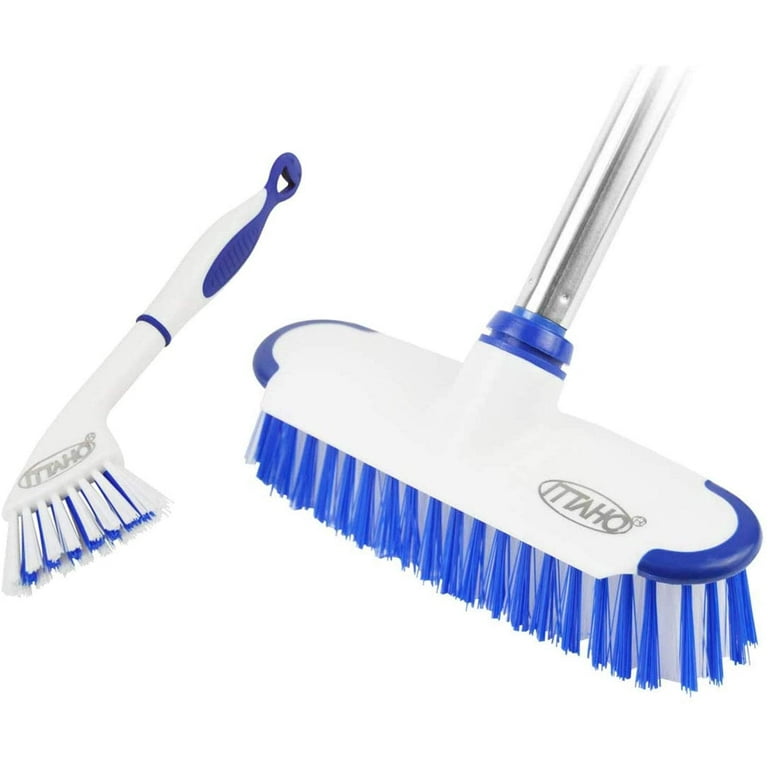 Ittaho Floor Scrub Brush with Long Stainless Steel Handle,Extension Brush with Small Deep Cleaning Brush - 12 inch, White
