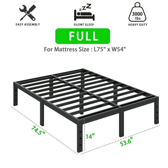Metal Bed Frame, Bed Frame With Storage Space, Heavy Duty Sturdy Mattress Foundation, Easy Assembly, No Box Spring Needed, Black, 14 Inch