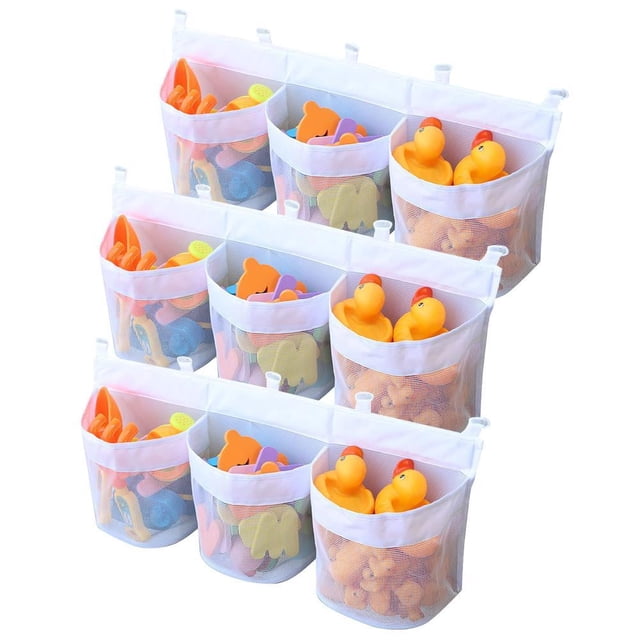 Bolsa de almacenamiento de juguetes de baño para bebés, red de malla para colgar en la pared, organizador de 3 compartimentos C9W7