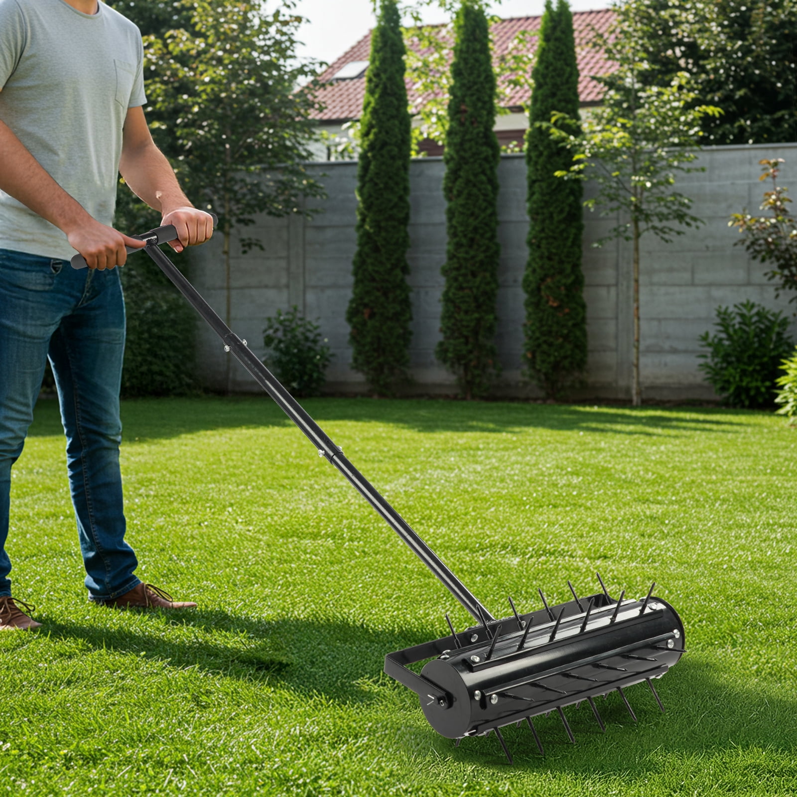 17-Inch Rolling Lawn Aerator with T-Shaped Handle, 2-Inch Steel Spikes, Galvanized Steel Frame, Universal for All Soil Types, Heavy-Duty Lawn Aeration Tool for Yard Patio Garden