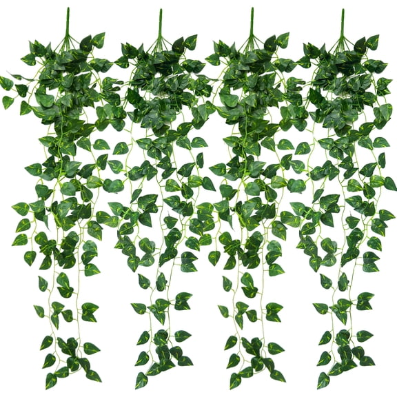 Huryfox Artificial Ivy Vine Garland - 4 Pack Silk Pothos Leaves, 33in Each with 9 Branches, Faux Hanging Plant for Home Wall Garden Decor