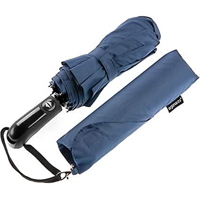 Paraguas de viaje resistente al viento con doble capa: revestimiento de teflón, mango ergonómico y funda protectora: compacto, plegable, liviano y resistente al viento.