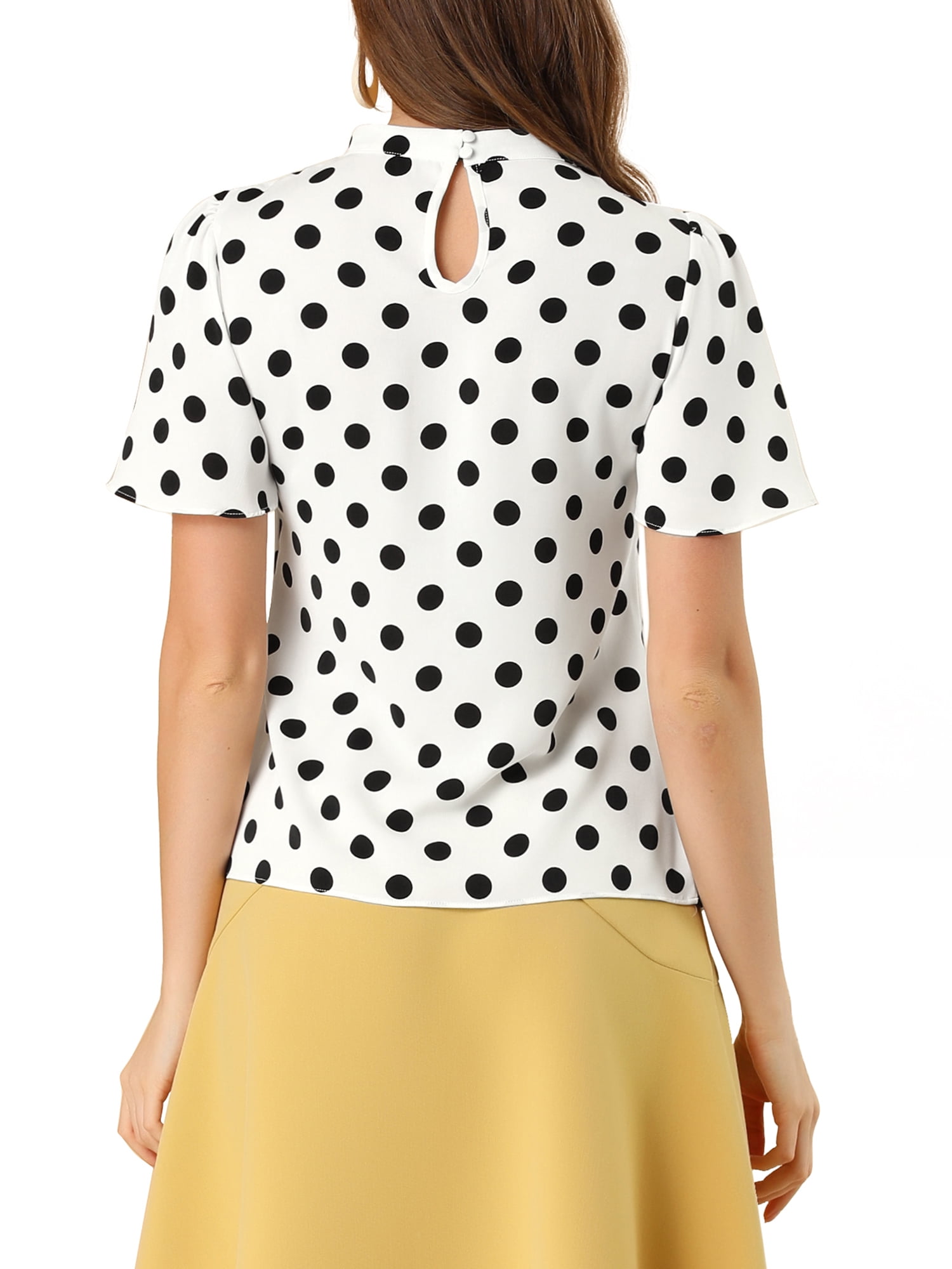 DARING DIVA Polka Dots Stand Collar Short Flare Sleeve Top XS White Black