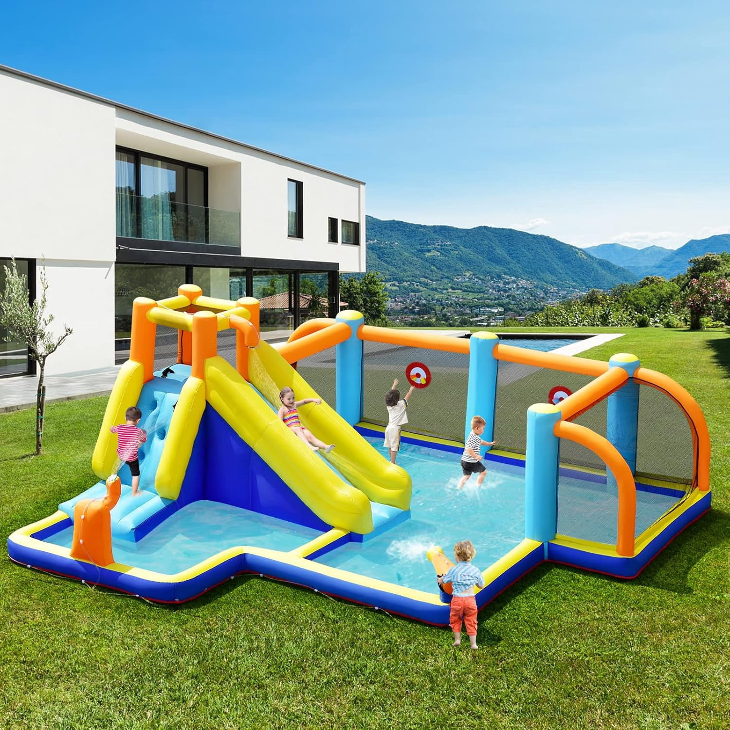 OLAKIDS Inflatable Water Slide, 8 in 1 Bounce House Water Park with Soccer Goals Splash Pool Climbing Wall Water BlasterTarget Game, Outdoor Inflatable Obstacle Course for Kids Backyard (with Blower)