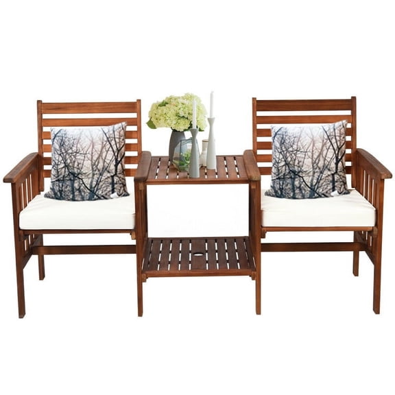 Spaco 3 pcs Outdoor Patio Table Chairs Set, Outdoor Patio Rattan Conversation Bistro Set with Acacia Wood Loveseat-White