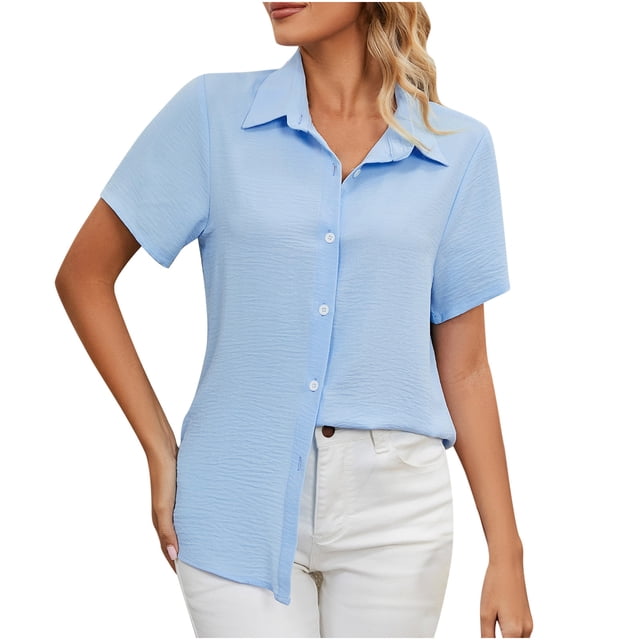 Bigersell Hauts pour Femmes Mode pour Femmes Manches Courtes Boutons Col Rond Graphique Couleur Unie Hauts Amples Blouse Manches Plus Cache-Cœur Chemises à Manches Courtes Style B24636, Bleu Ciel G