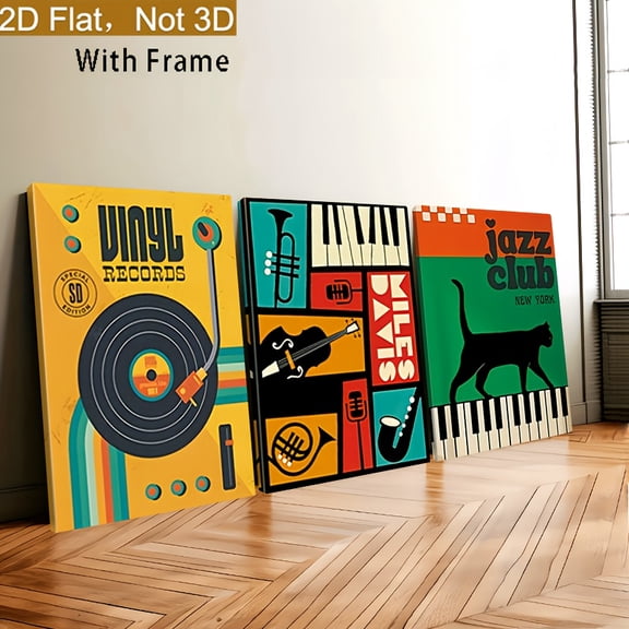 2D Flat, 3pcs Vintage Music Canvas Wall Art Set - Jazz Club & Instrument Themes, Framed Matte Prints, Suitable for Living Room, Bedroom, Study, Dining Room Decor, Music Room Decoration