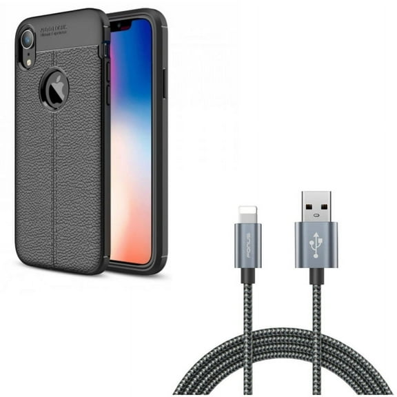 Case w 10ft USB Cable for iPhone XR - PU Leather Slim Fit Cover Reinforced Bumper Shock Absorbent, Charger Cord Power Wire Braided Long Compatible With iPhone XR