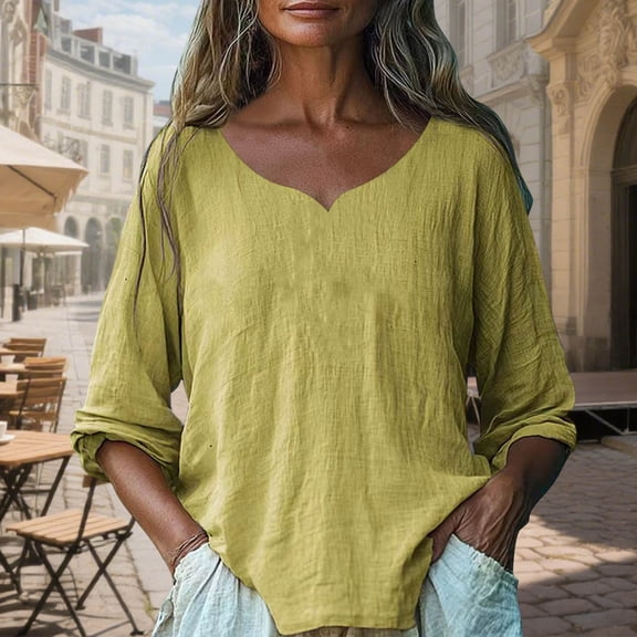 asjyhkr Blouses for Women Linen Long Sleeve V Neck Shirts Loose Casual Lightweight Breathable Hiking Beach Workout Tops