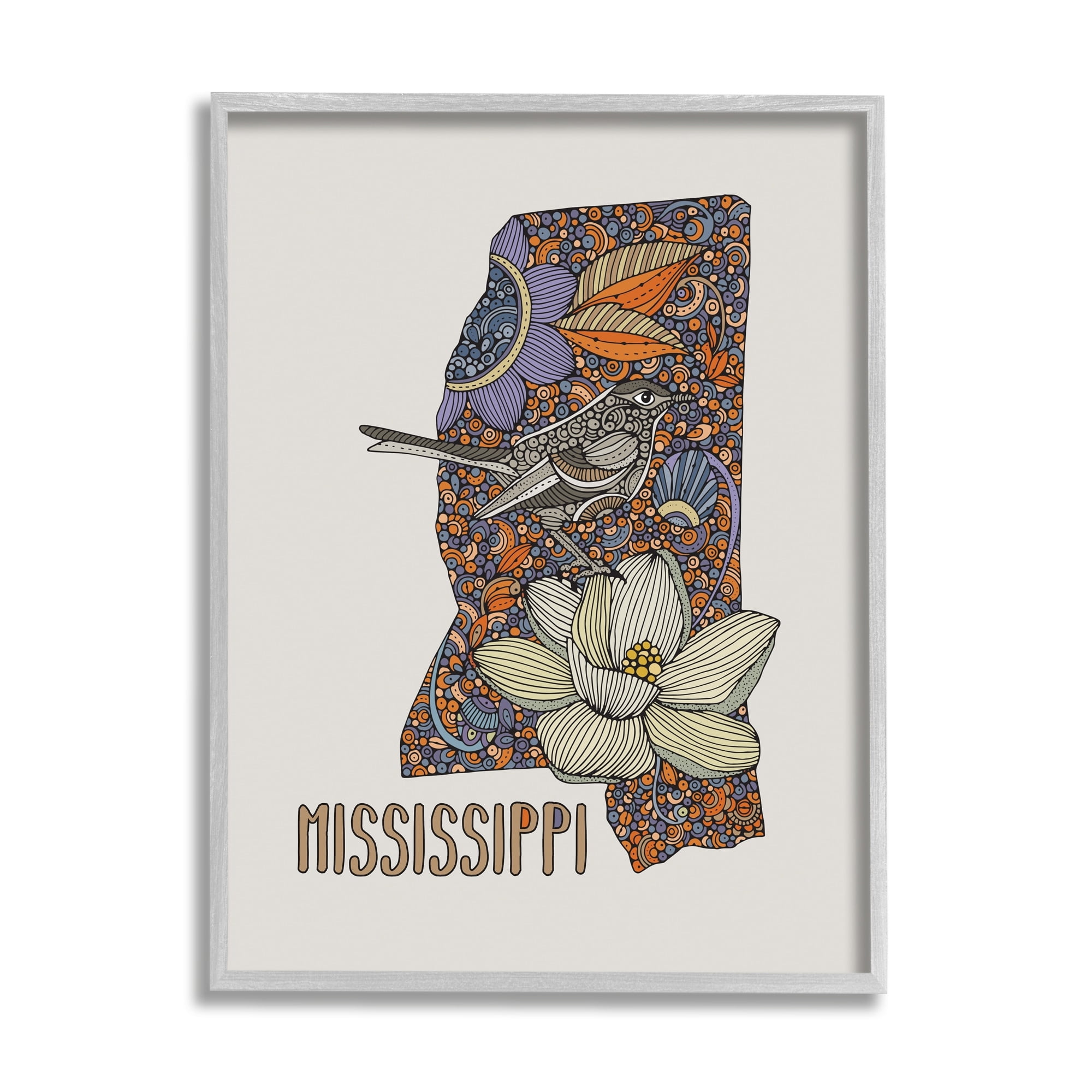 Stupell Industries Detailed Mississippi Bird & Flower Pattern Design Graphic Art Gray Framed Art Print Wall Art, Design by Valentina Harper