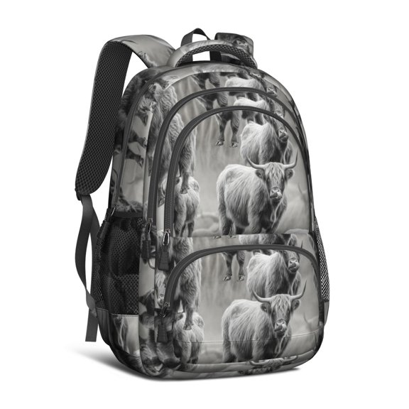 Highland Cow and Calf Print Backpack for School, Cute School Bag with Adjustable Shoulder Straps and Padded Back, 16.9"x12.6"x5.9"