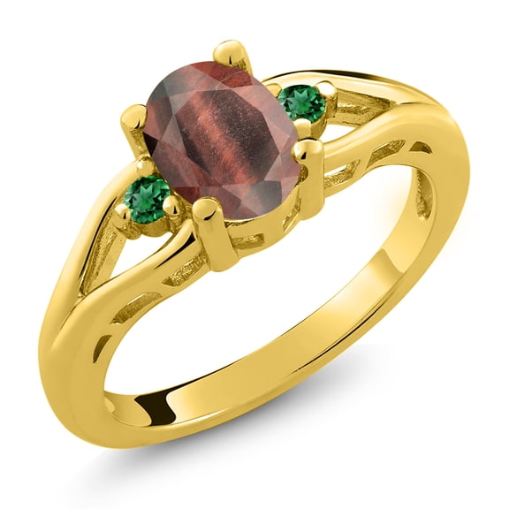 Gem Stone King 18K Yellow Gold Plated Silver Red Tiger Eye and Green Nano Emerald 3 Stone Engagement Ring for Women | 1.30 Cttw | Oval 8X6MM | Round 2MM | Gemstone Birthstone | Size 7