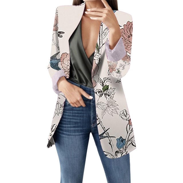 Sacos y Chaquetas de traje Abrigo de traje de manga larga con cuello estampado de flores y ajuste versátil estilo informal de otoño e invierno para mujer,blazer moda(Amarillo, XXL)