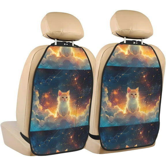 Naloa Starry Sky Constellation Cat 2Pcs Anti-Kick Back Seat Cover Kick Mat, Car Seat Protector with 3 Storage Pockets